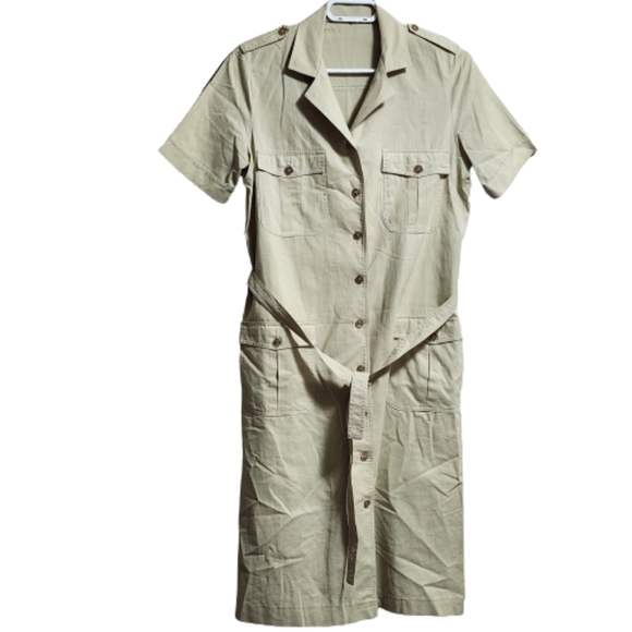 Long shirt short sleeves cotton dress with belt color kaki size medium - Picture 1 of 6